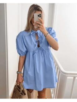 Solid Color Lace Up Patchwork Puff Sleeve Dress -Women's Clothing Shop P 20240624154423196 241