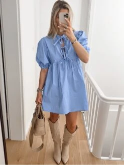 Solid Color Lace Up Patchwork Puff Sleeve Dress -Women's Clothing Shop P 20240624154423751 794