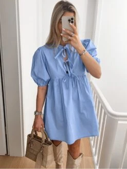 Solid Color Lace Up Patchwork Puff Sleeve Dress -Women's Clothing Shop P 20240624154424378 310