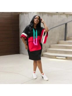Colorblock Patchwork Hooded Short Sleeve Dress