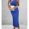 Plain Color Strapless Side Slit Maxi Dress