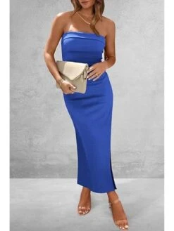Plain Color Strapless Side Slit Maxi Dress