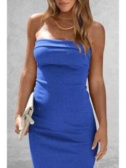 Plain Color Strapless Side Slit Maxi Dress -Women's Clothing Shop P 20240625165617803 397