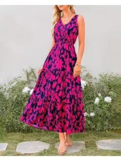 Printed V Neck High Rise Sleeveless Dress -Women's Clothing Shop P 20240625175216974 440