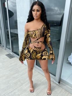 Off Shoulder Hollow Out Sexy Mini Dress Printing