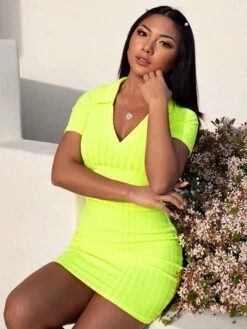 Sexy Deep V Solid Striped Bodycon Dress