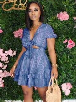 Night Club Striped Front Tied Short Sleeve Dress